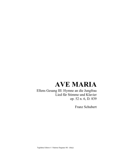 Ave Maria Schubert Ellens Gesang Iii Hymne An Die Jungfrau Lied Fr Stimme Und Klavier Op 52 N 6 D 839 Sheet Music