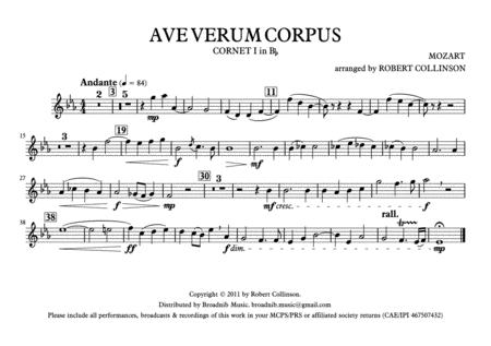 Ave Verum Corpus Mozart March Card A5 Parts Only Sheet Music