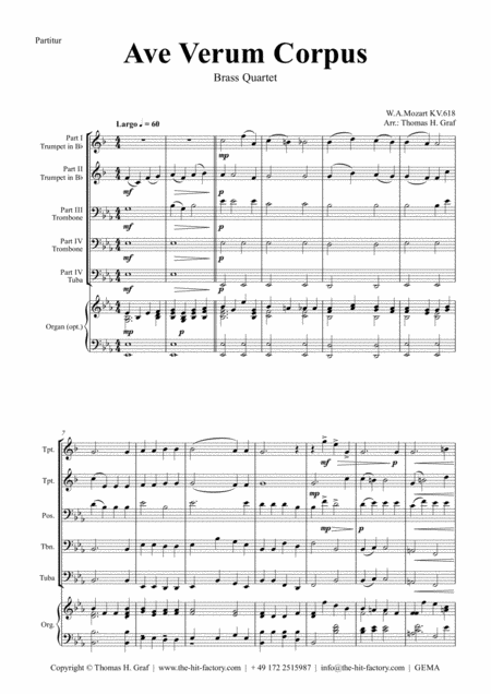 Ave Verum Corpus W A Mozart Brass Quartet Sheet Music