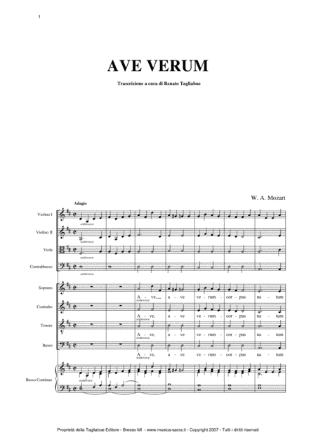 Ave Verum W A Mozart For Choir And Orchestra Full Score Sheet Music