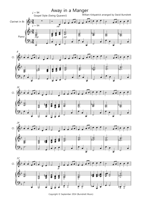 Free Sheet Music Away In A Manger Gospel Style For Clarinet And Piano