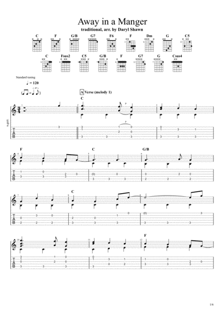 Free Sheet Music Away In A Manger Traditional For Solo Fingerstyle Guitar
