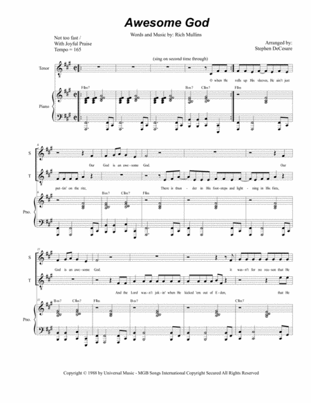 Free Sheet Music Awesome God For 2 Part Choir Sop Ten