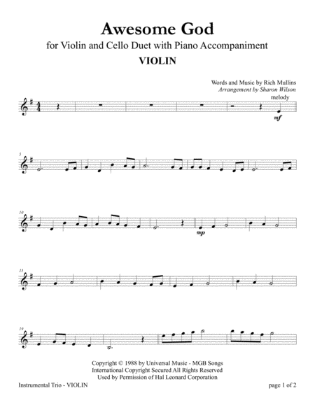 Awesome God Violin And Cello Duet With Piano Accompaniment Sheet Music