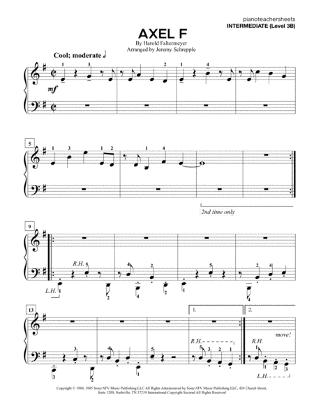 Free Sheet Music Axel F Intermediate Level 3b