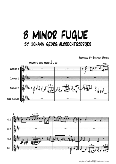 B Minor Fugue By Johann Georg Albrechtsberger For Clarinet Quartet Sheet Music