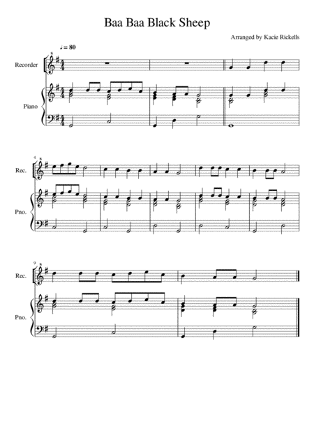 Free Sheet Music Baa Baa Black Sheep Recorder Solo