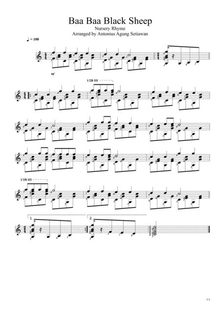 Baa Baa Black Sheep Solo Guitar Score Sheet Music