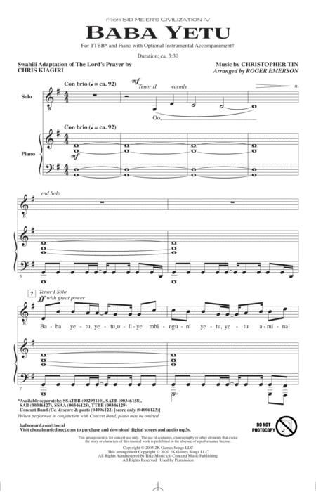 Free Sheet Music Baba Yetu From Civilization Iv Arr Roger Emerson