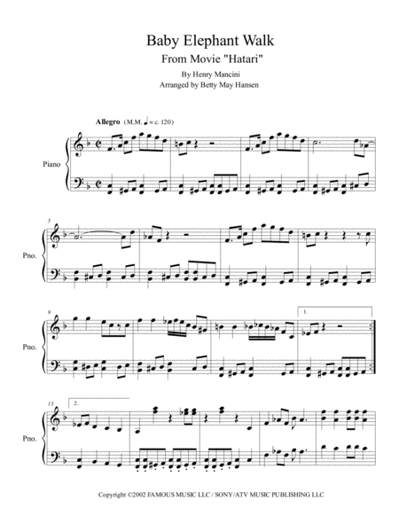 Baby Elephant Walk Movie Music Sheet Music