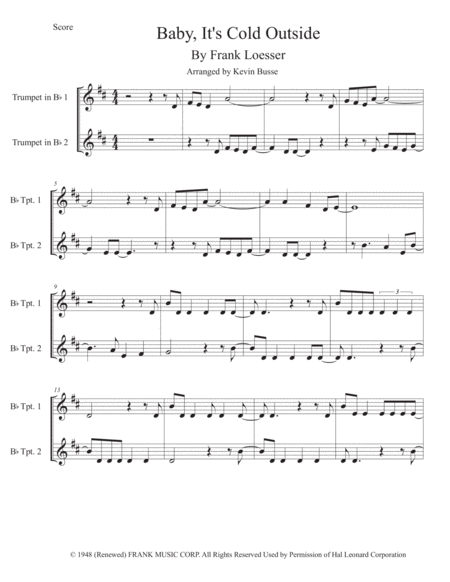 Baby Its Cold Outside Original Key Trumpet Duet Sheet Music