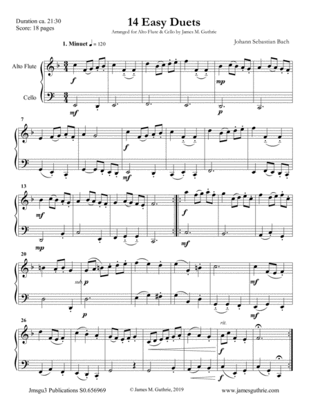 Bach 14 Easy Duets For Alto Flute Cello Duo Sheet Music