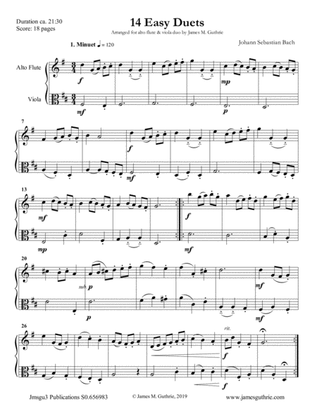 Bach 14 Easy Duets For Alto Flute Viola Sheet Music