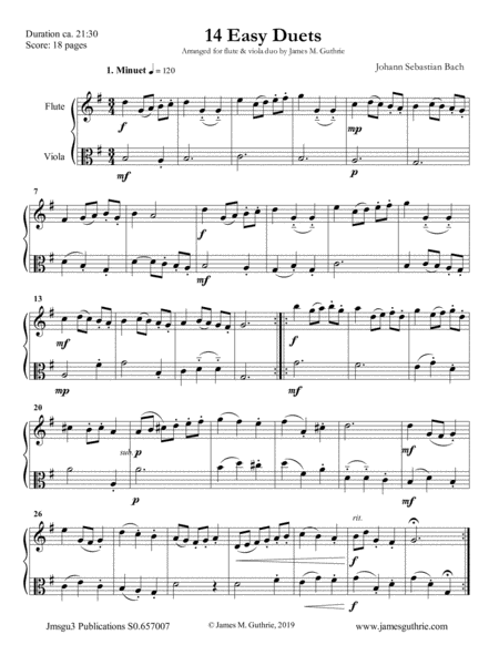 Bach 14 Easy Duets For Flute Viola Sheet Music