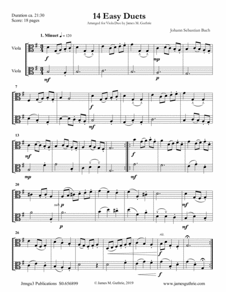 Bach 14 Easy Duets For Viola Duo Sheet Music