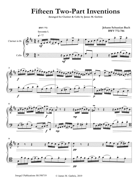 Bach 15 Two Part Inventions For Clarinet Cello Duo Sheet Music