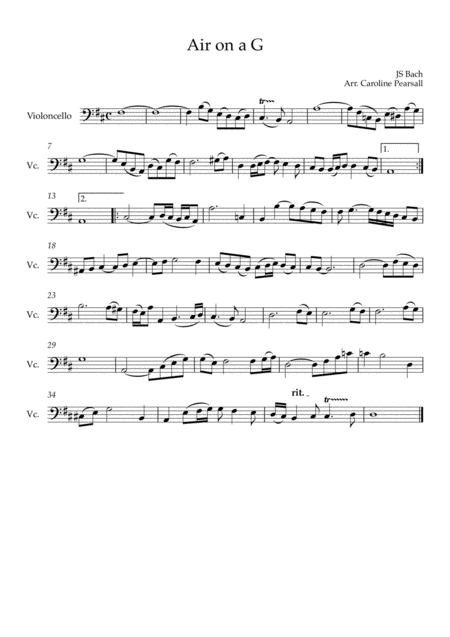 Free Sheet Music Bach Air On A G Cello Solo Original Key