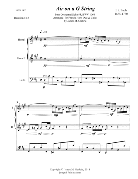 Bach Air On A G String For 2 Horns Cello Sheet Music