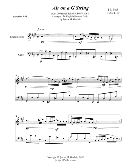 Free Sheet Music Bach Air On A G String For English Horn Cello