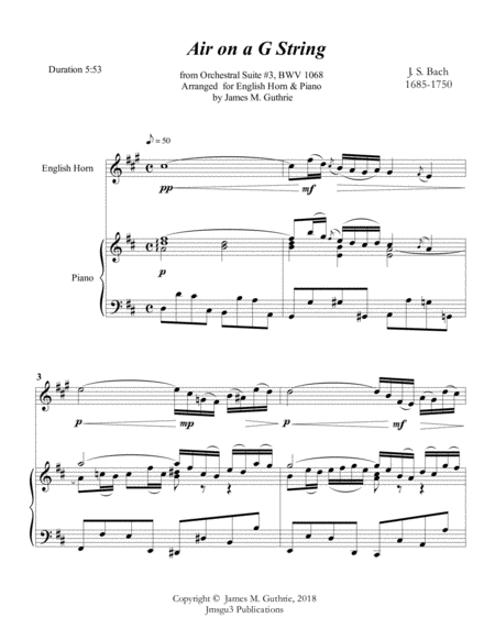Free Sheet Music Bach Air On A G String For English Horn Piano