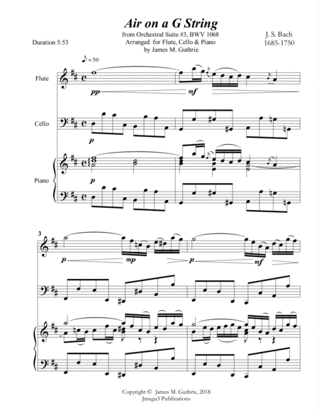 Bach Air On A G String For Flute Cello Piano Sheet Music