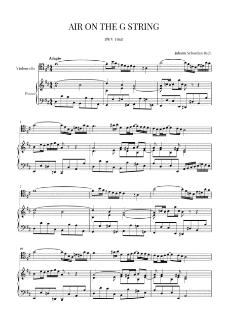 Free Sheet Music Bach Air On The G String For Cello And Piano