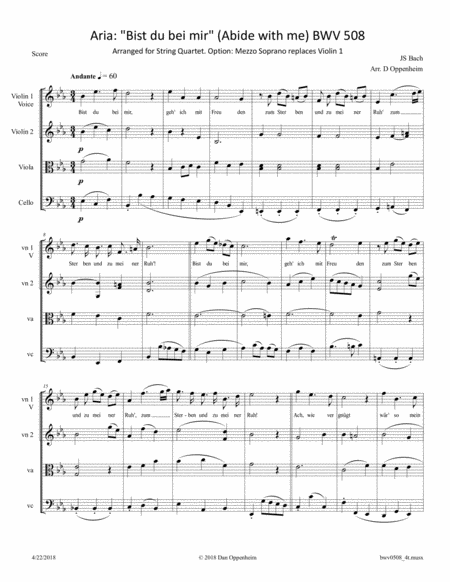 Bach Aria Bist Du Bei Mir Abide With Me Bwv 508 Arranged For String Quartet Option Mezzo Soprano Replaces Violin 1 Sheet Music