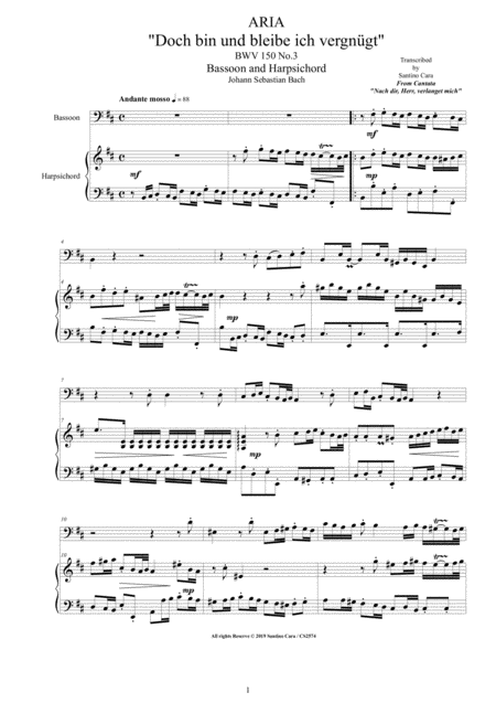 Bach Aria Doch Bin Und Bleibe Ich Vergngt Bwv 150 No 3 For Bassoon And Harpsichord Sheet Music