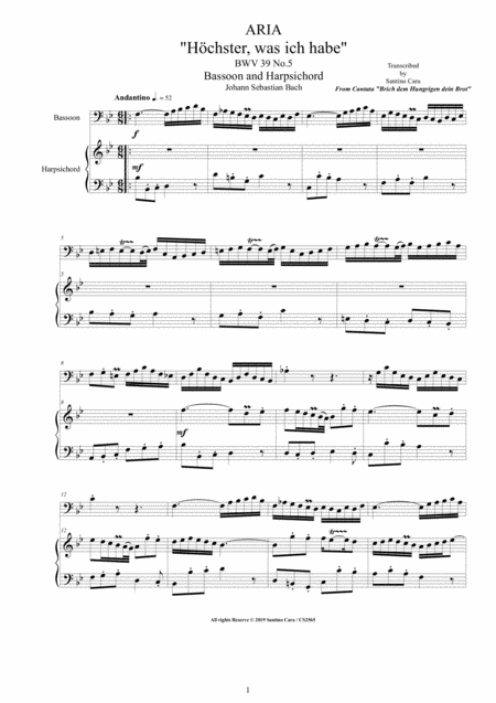 Bach Aria Hchster Was Ich Habe Bwv 39 No 5 For Bassoon And Harpsichord Sheet Music