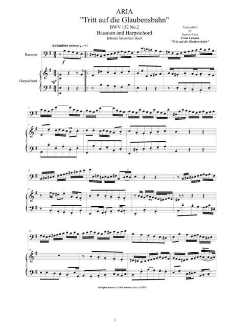 Bach Aria Tritt Auf Die Glaubensbahn Bwv 152 No 2 For Bassoon And Harpsichord Sheet Music