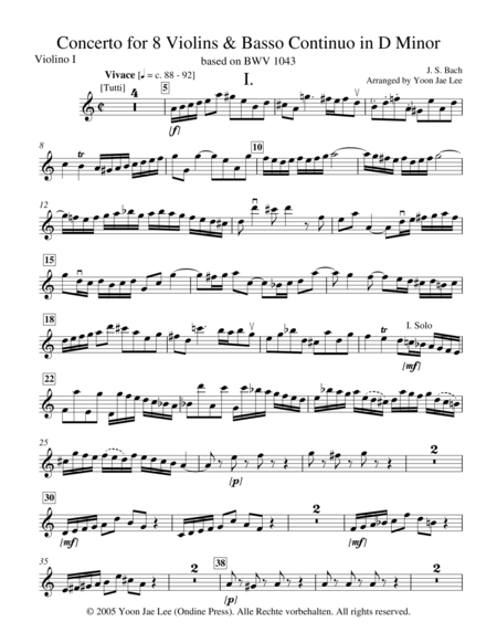 Bach Arr Lee Concerto For 8 Violins Basso Continuo In D Minor Bwv 1043 Set Of Parts Sheet Music