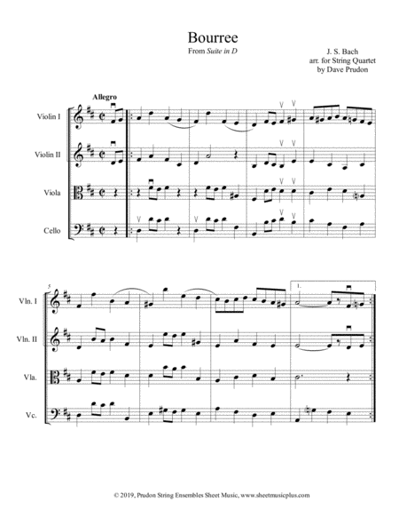 Bach Bourree For String Quartet Sheet Music