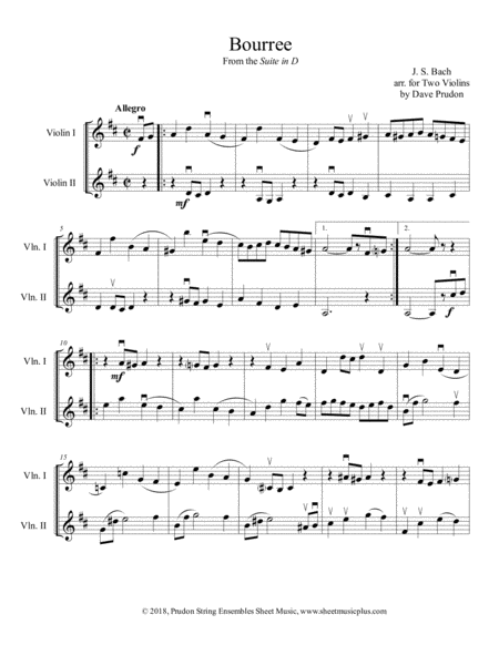 Bach Bourree For Two Violins Sheet Music