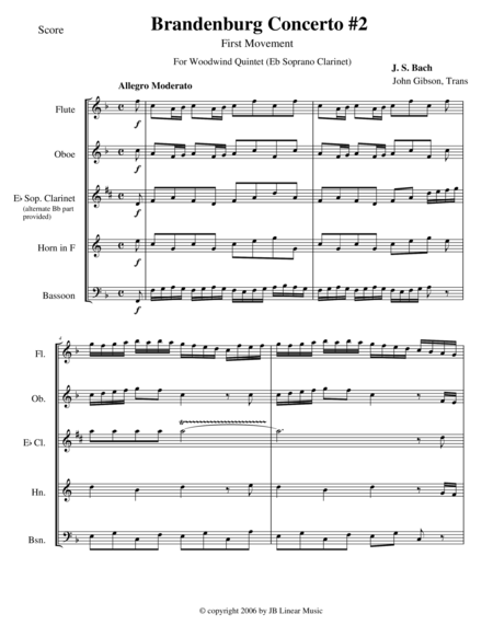 Bach Brandenburg Concerto 2 1st Movement For Woodwind Quintet Sheet Music