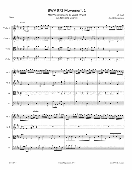 Bach Bwv 972 Mvt 1 After Violin Concerto By Vivaldi Rv 230 Arr For String Quartet Sheet Music