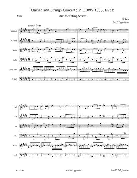 Bach Clavier And Strings Concerto In E Bwv 1053 Mvt 2 Arr For 3 Violins Viola And 2 Cellos Sheet Music