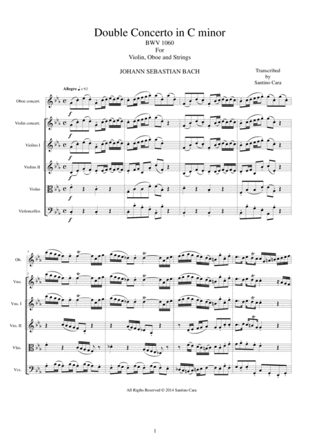 Bach Double Concerto In C Minor Bwv1060r For Oboe Violin And Strings Sheet Music