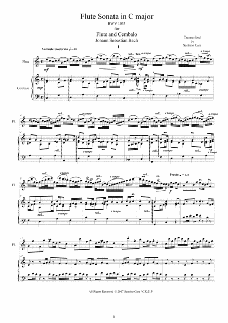 Bach Flute Sonata In C Major Bwv 1033 For Flute And Harpsichord Or Piano Sheet Music