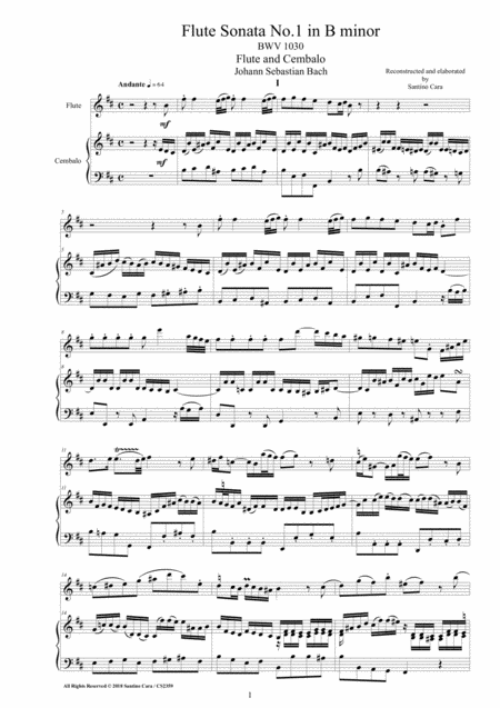 Bach Flute Sonata No 1 In B Minor Bwv 1030 For Flute And Cembalo Or Piano Sheet Music