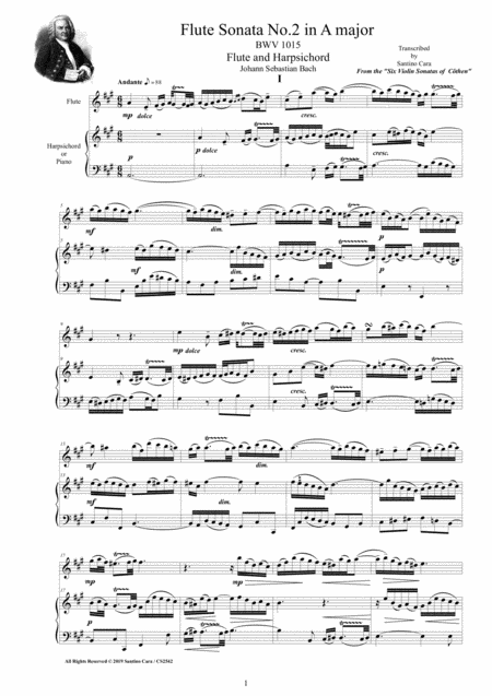 Bach Flute Sonata No 2 In A Major Bwv 1015 For Flute And Harpsichord Or Piano Sheet Music