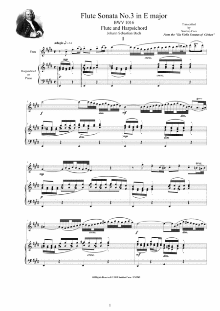 Free Sheet Music Bach Flute Sonata No 3 In E Major Bwv 1016 For Flute And Harpsichord Or Piano