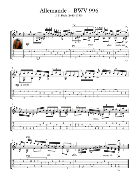 Free Sheet Music Bach For Guitar Bwv 996 Allemande