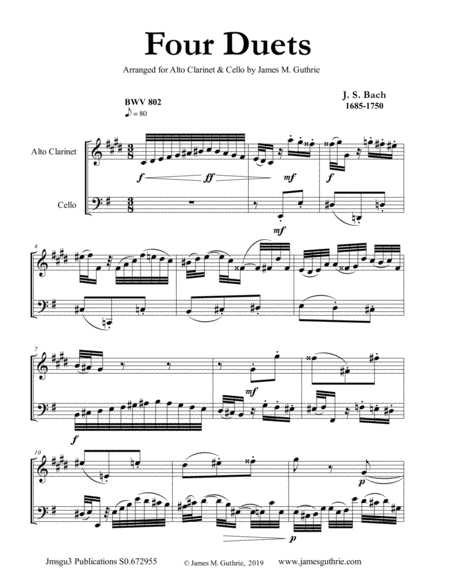 Bach Four Duets For Alto Clarinet Cello Sheet Music