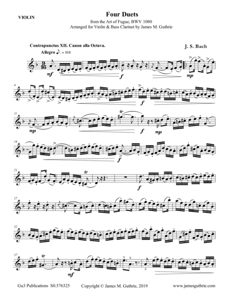 Bach Four Duets From The Art Of Fugue For Violin Bass Clarinet Sheet Music