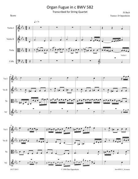 Free Sheet Music Bach Fugue In C Bwv 582 Transcribed For String Quartet