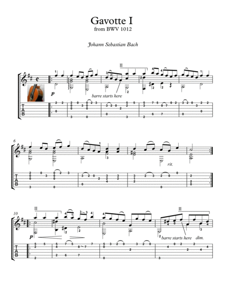 Free Sheet Music Bach Gavotte 1 Bwv 1012 Guitar Solo