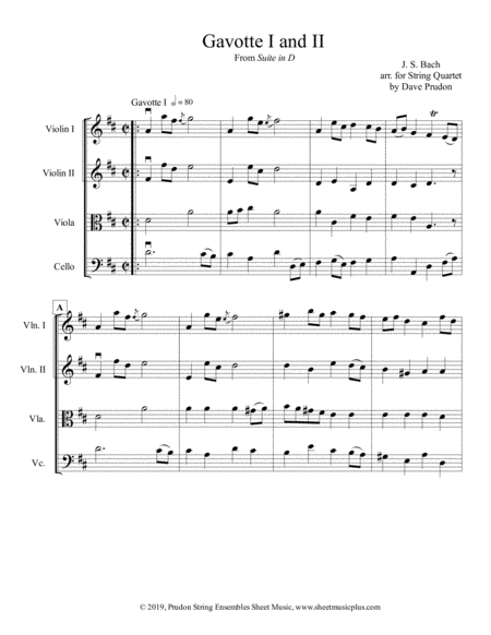 Bach Gavotte I Ii For String Quartet Sheet Music