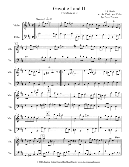 Free Sheet Music Bach Gavotte One And Two For Violin Cello