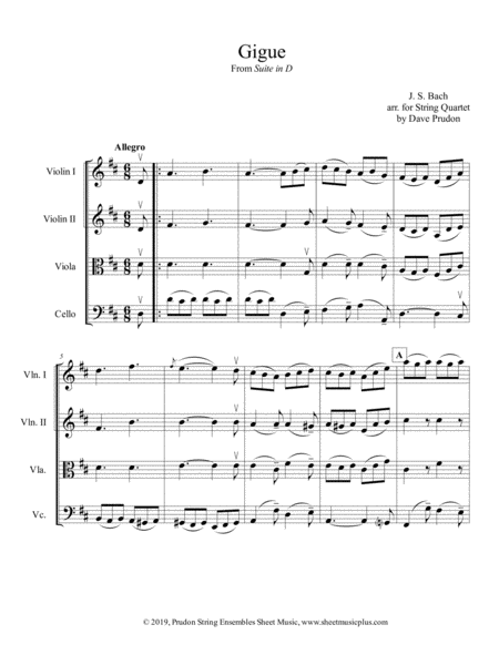 Bach Gigue For String Quartet Sheet Music