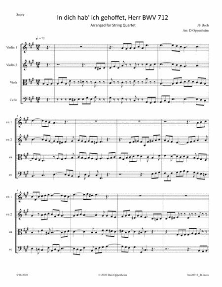 Bach In Dich Hab Ich Gehoffet Herr Bwv 712 Arranged For String Quartet Sheet Music